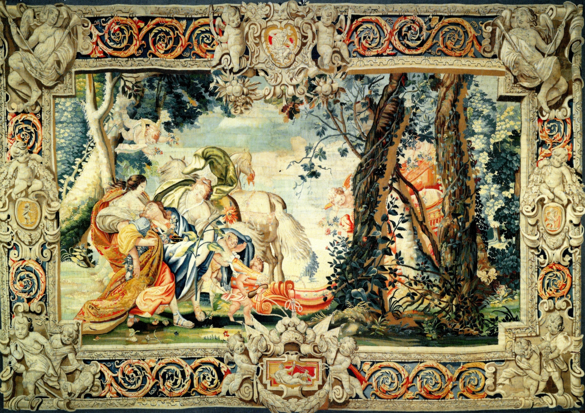 Armide enlevant Renaud endormi, tapisserie franaise du 17me sicle. Tisse aux Gobelins d'aprs un carton de Simon Vouet (1590-1649). Deuxime tapisserie de la suite habituelle de 10.  Acquisition par l'Association des Amis de Vaux le Vicomte en 2007 et restaure en 2008.